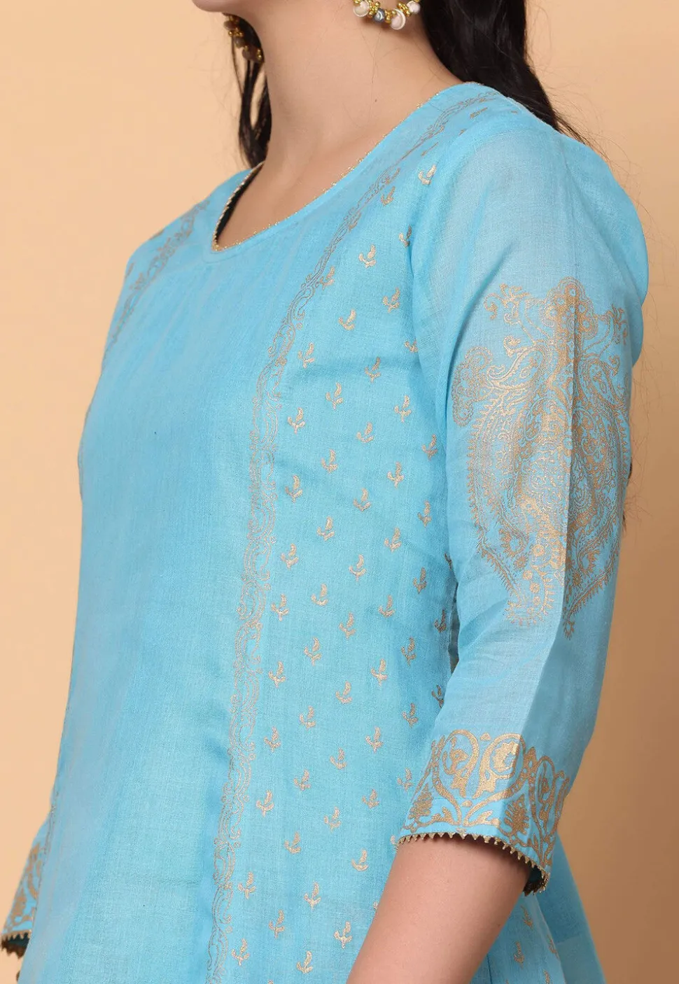 Foil Printed Pure Cotton Punjabi Suit in Blue