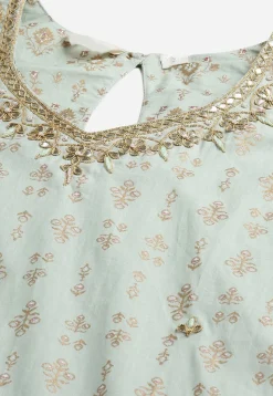 Foil Printed Pure Cotton Pakistani Suit in Sea Green