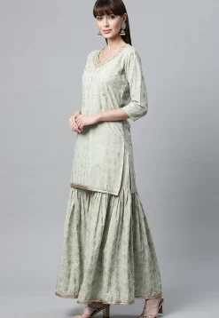 Foil Printed Pure Cotton Pakistani Suit in Sea Green