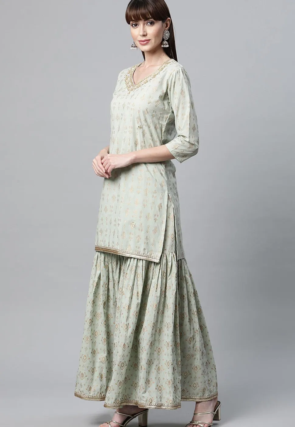 Foil Printed Pure Cotton Pakistani Suit in Sea Green