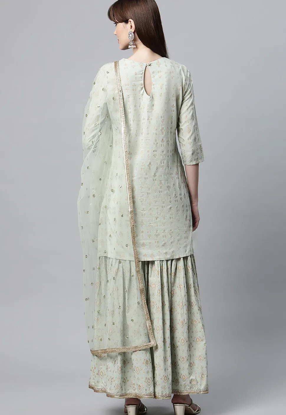 Foil Printed Pure Cotton Pakistani Suit in Sea Green
