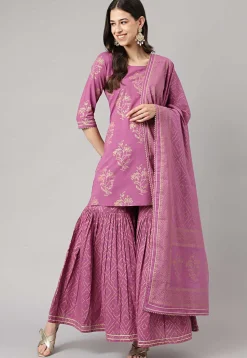Foil Printed Pure Cotton Pakistani Suit in Purple