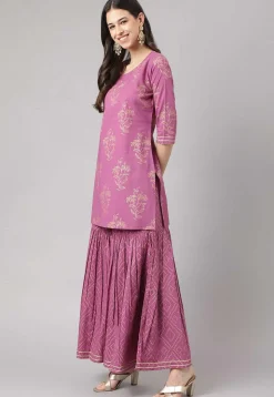 Foil Printed Pure Cotton Pakistani Suit in Purple