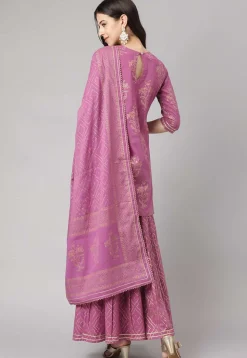 Foil Printed Pure Cotton Pakistani Suit in Purple