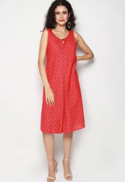 Foil Printed Pure Cotton Aline Dress in Red