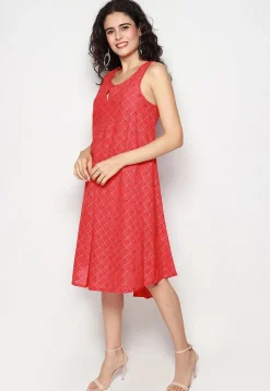 Foil Printed Pure Cotton Aline Dress in Red