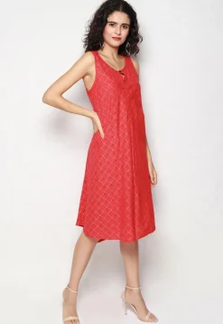 Foil Printed Pure Cotton Aline Dress in Red