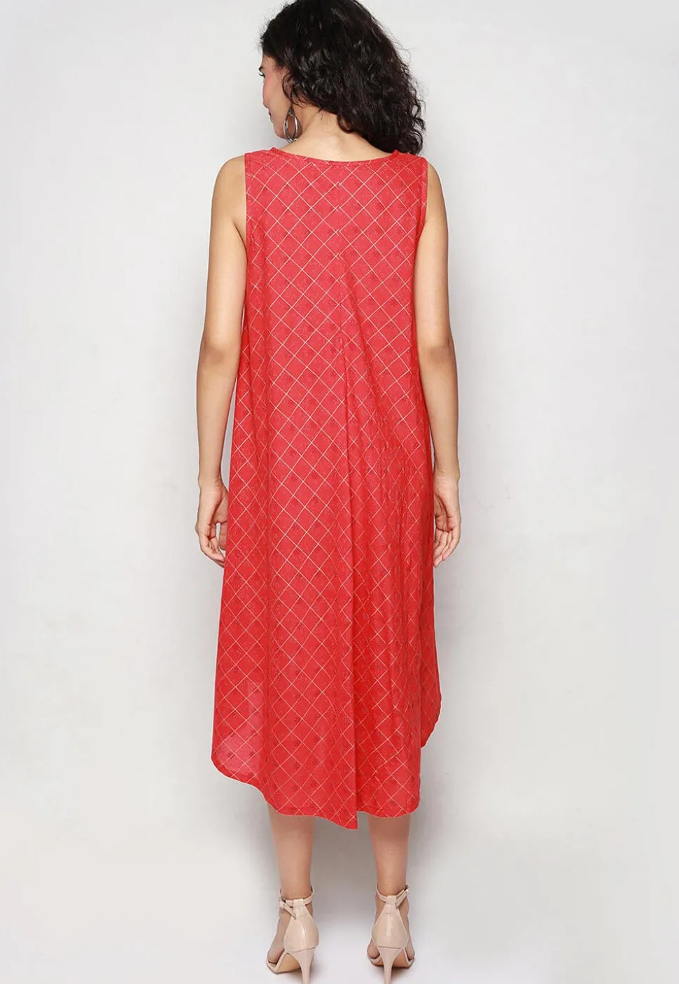Foil Printed Pure Cotton Aline Dress in Red