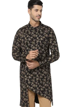 Foil Printed Pure Cotton Asymmetric Kurta in Black