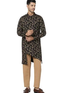 Foil Printed Pure Cotton Asymmetric Kurta Set in Black