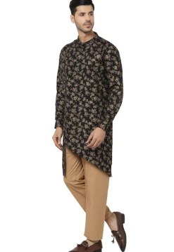 Foil Printed Pure Cotton Asymmetric Kurta Set in Black