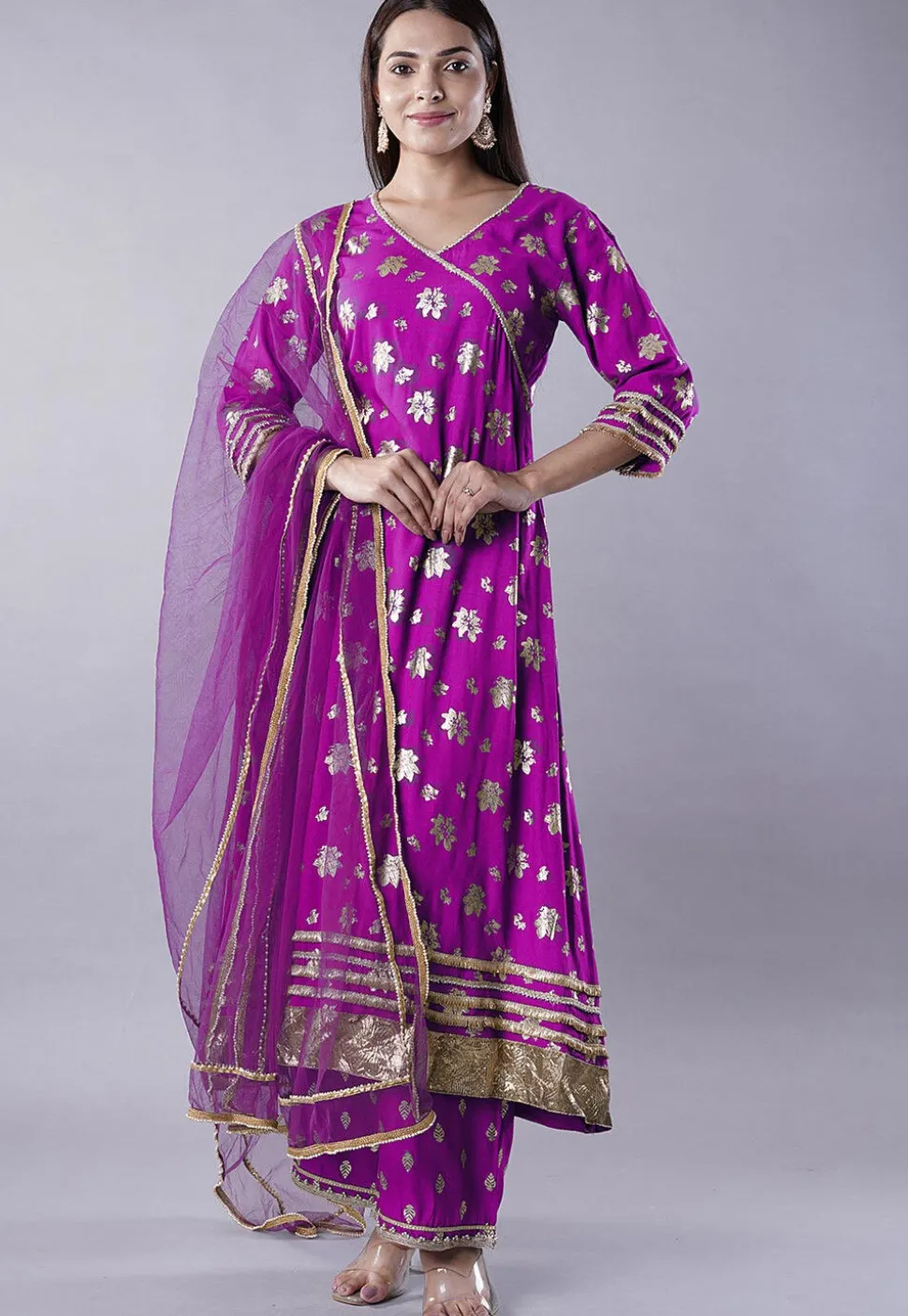 Foil Printed Rayon A Line Suit in Magenta