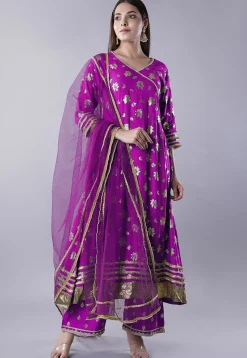 Foil Printed Rayon A Line Suit in Magenta