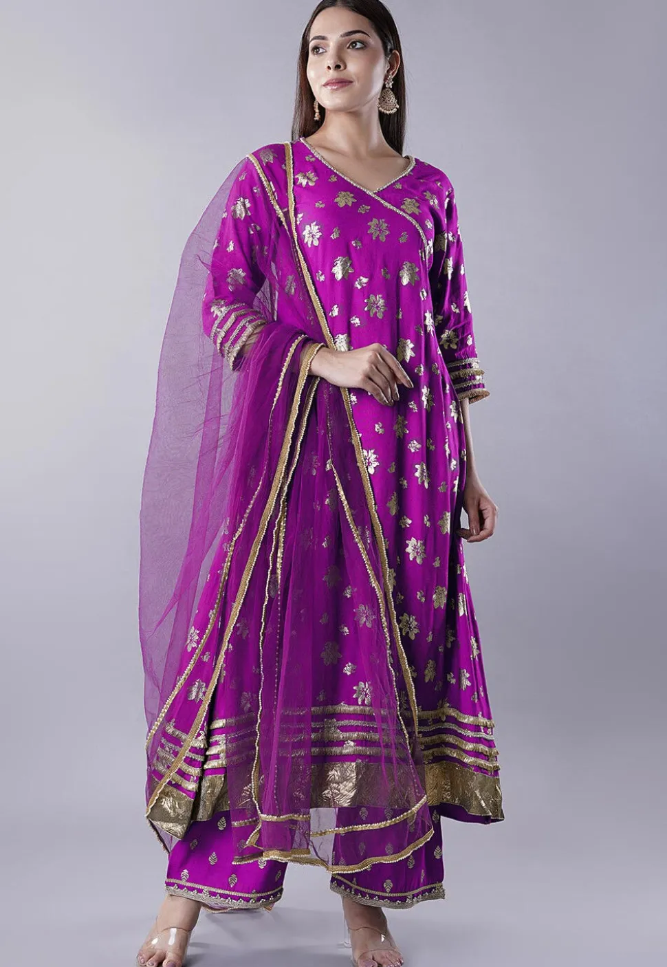 Foil Printed Rayon A Line Suit in Magenta