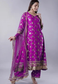 Foil Printed Rayon A Line Suit in Magenta