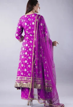 Foil Printed Rayon A Line Suit in Magenta