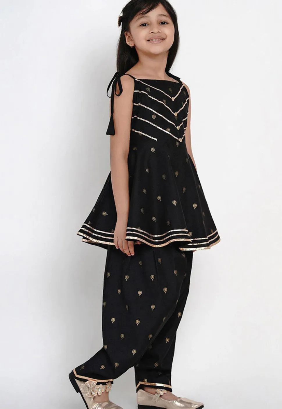 Foil Printed Rayon A Line Kurta Set in Black
