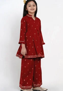Foil Printed Rayon A Line Kurta Set in Maroon