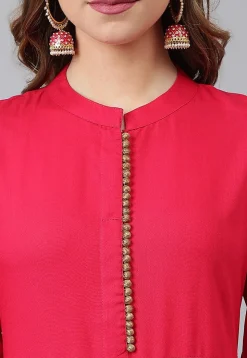 Foil Printed Rayon A Line Suit in Fuchsia