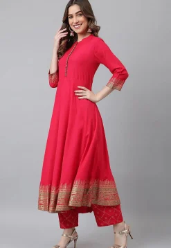 Foil Printed Rayon A Line Suit in Fuchsia