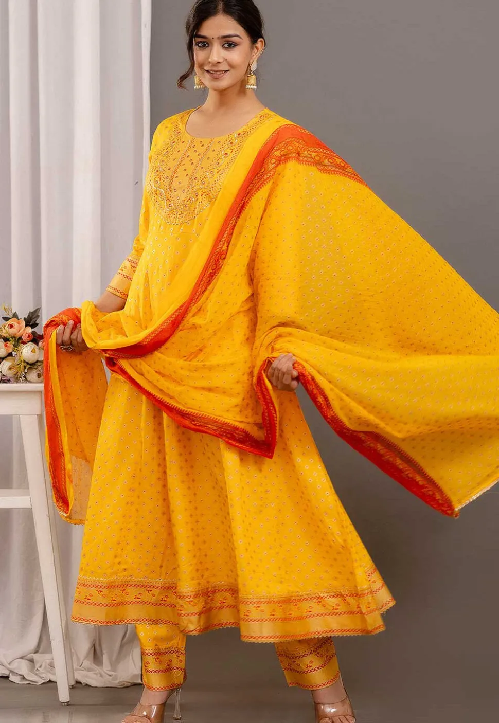 Foil Printed Rayon Aline Suit in Yellow