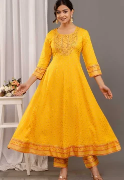 Foil Printed Rayon Aline Suit in Yellow
