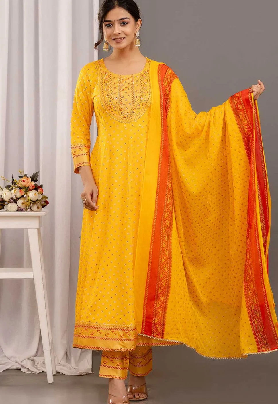 Foil Printed Rayon Aline Suit in Yellow