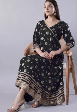 Foil Printed Rayon Aline Kurta in Black