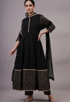 Foil Printed Rayon Aline Suit in Black
