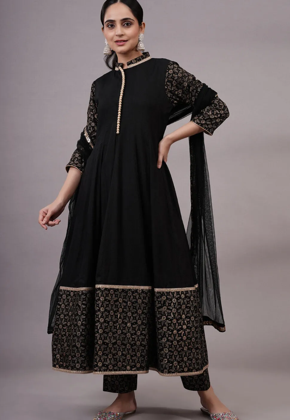 Foil Printed Rayon Aline Suit in Black