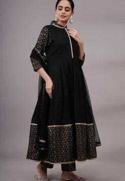 Foil Printed Rayon Aline Suit in Black
