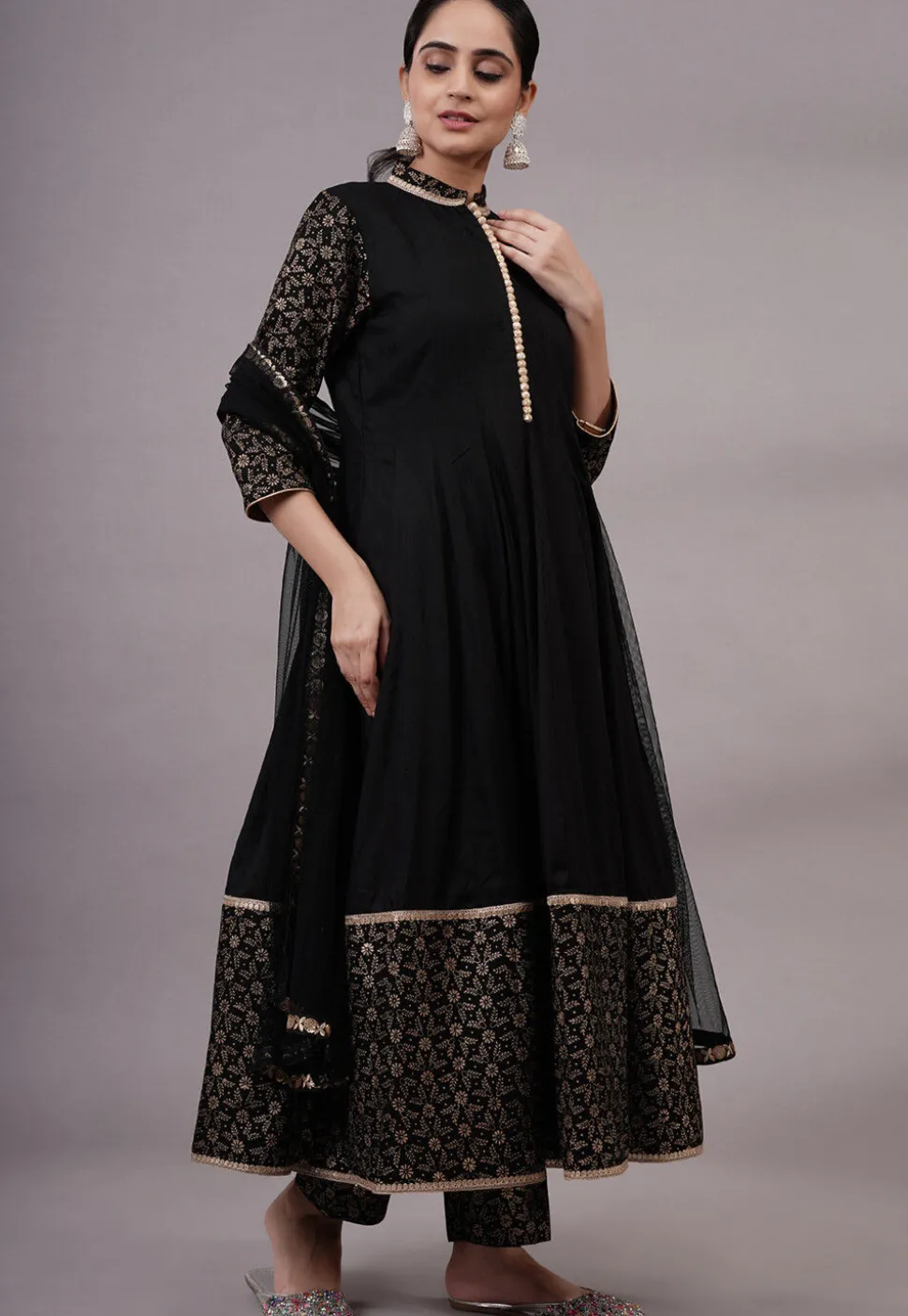 Foil Printed Rayon Aline Suit in Black