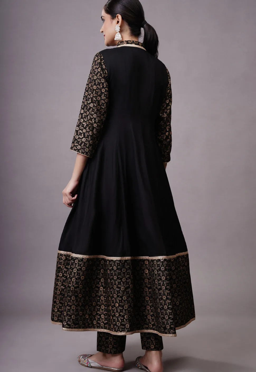 Foil Printed Rayon Aline Suit in Black
