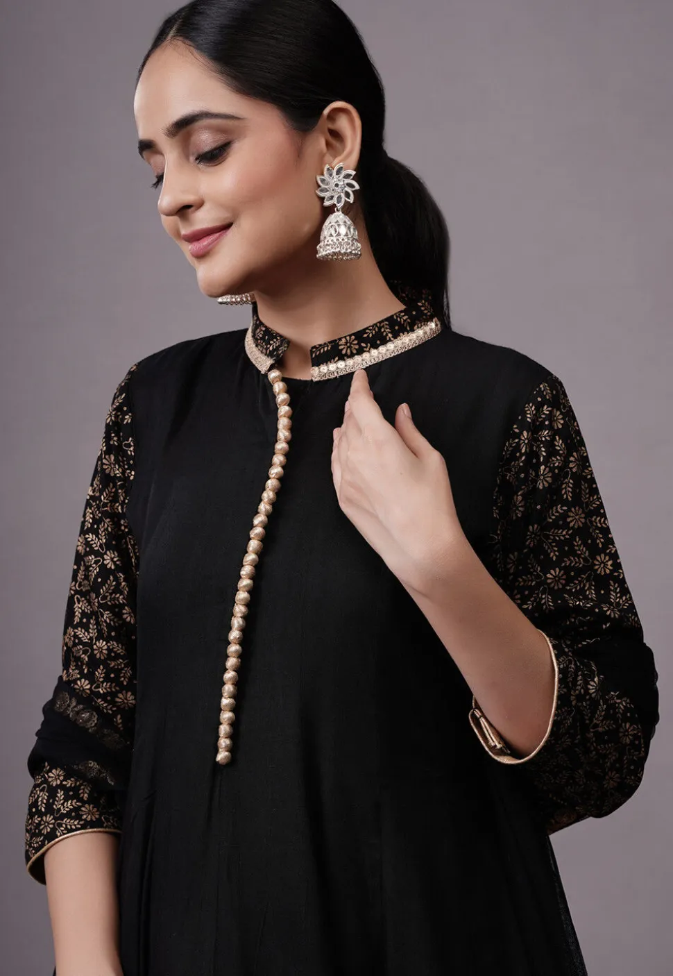 Foil Printed Rayon Aline Suit in Black