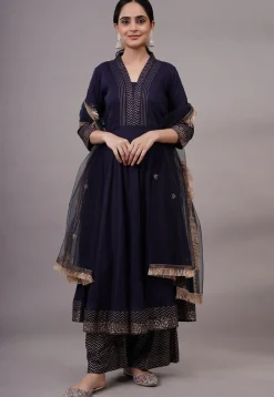 Foil Printed Rayon Aline Suit in Navy Blue