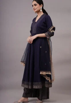 Foil Printed Rayon Aline Suit in Navy Blue
