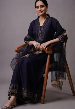 Foil Printed Rayon Aline Suit in Navy Blue