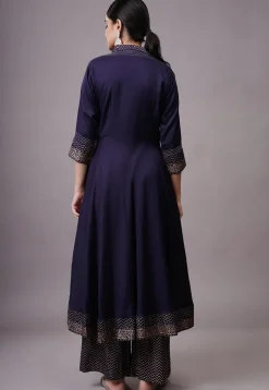 Foil Printed Rayon Aline Suit in Navy Blue