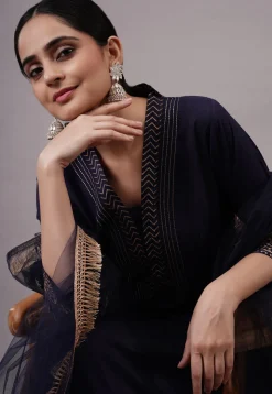 Foil Printed Rayon Aline Suit in Navy Blue