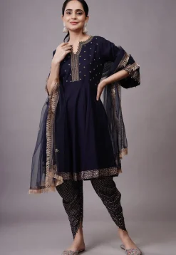 Foil Printed Rayon Aline Suit in Navy Blue