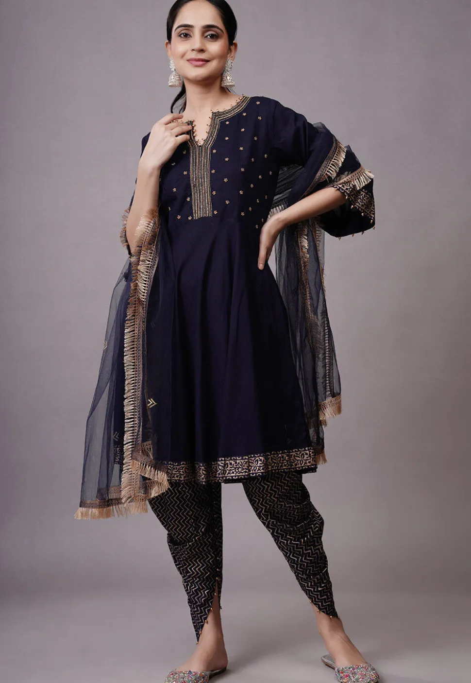 Foil Printed Rayon Aline Suit in Navy Blue