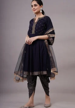 Foil Printed Rayon Aline Suit in Navy Blue
