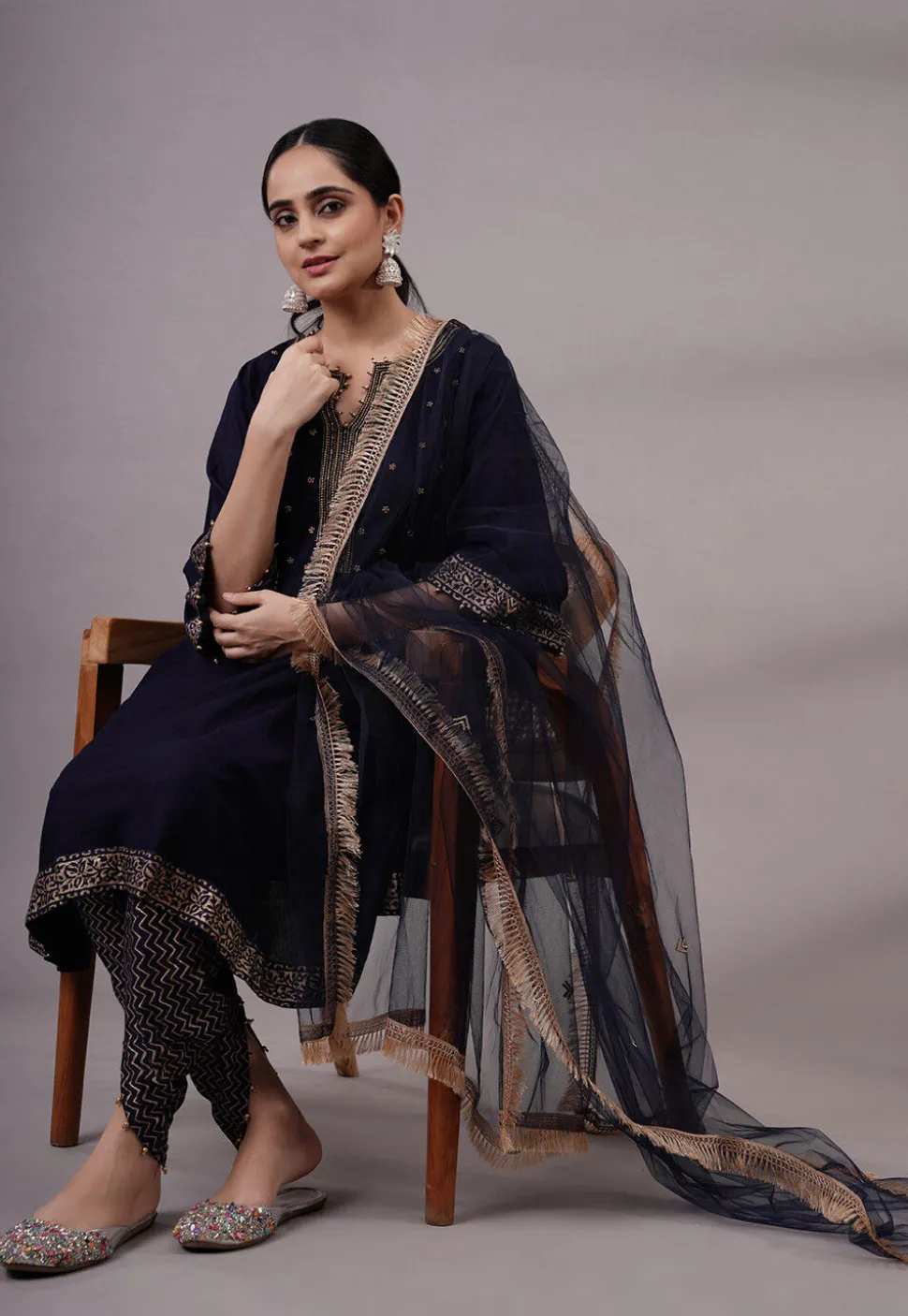 Foil Printed Rayon Aline Suit in Navy Blue