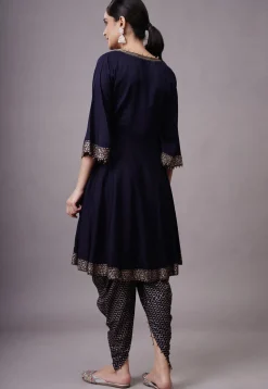 Foil Printed Rayon Aline Suit in Navy Blue