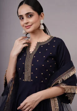 Foil Printed Rayon Aline Suit in Navy Blue
