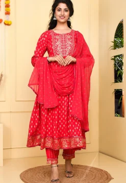 Foil Printed Rayon Anarkali Suit in Dark Fuchsia