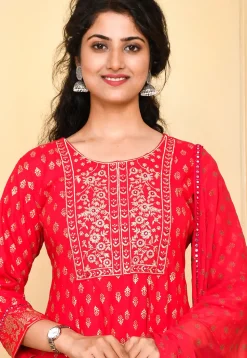Foil Printed Rayon Anarkali Suit in Dark Fuchsia