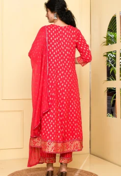 Foil Printed Rayon Anarkali Suit in Dark Fuchsia