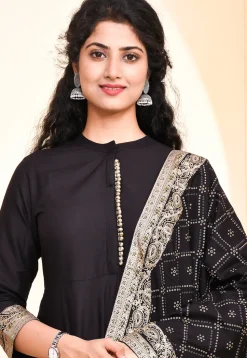 Foil Printed Rayon Anarkali Suit in Black