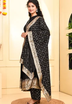 Foil Printed Rayon Anarkali Suit in Black